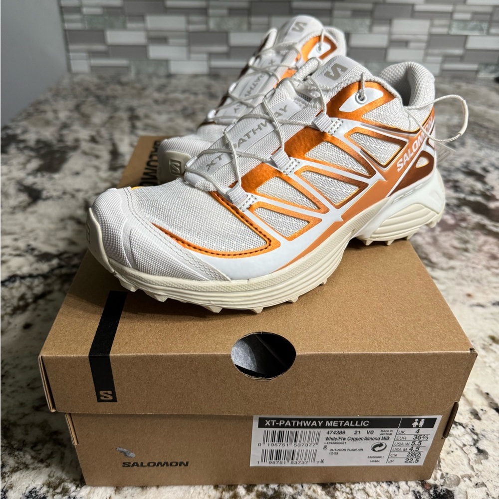 Salomon XT-Pathway Metallic White and Orange Athletic Shoes
